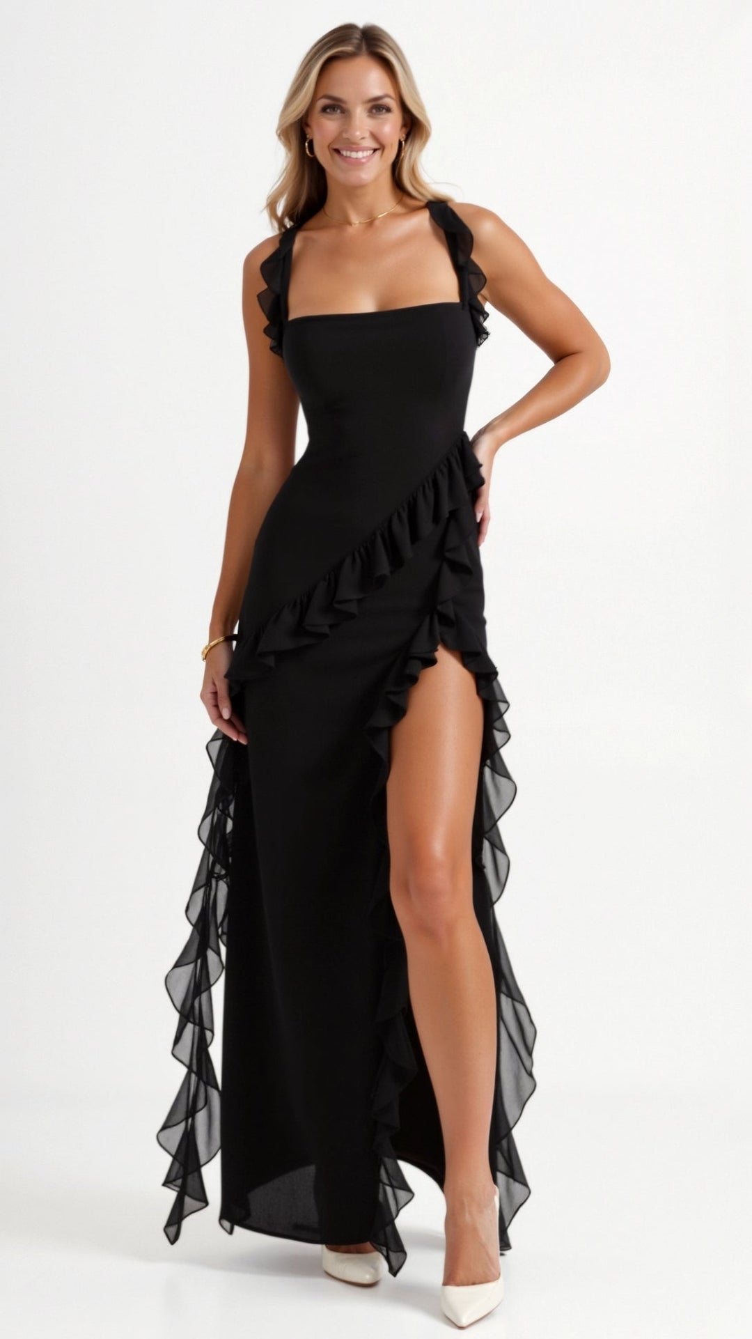 Women's Elegant Maxi Dress with Ruffles for Wedding Guests in Black 1
