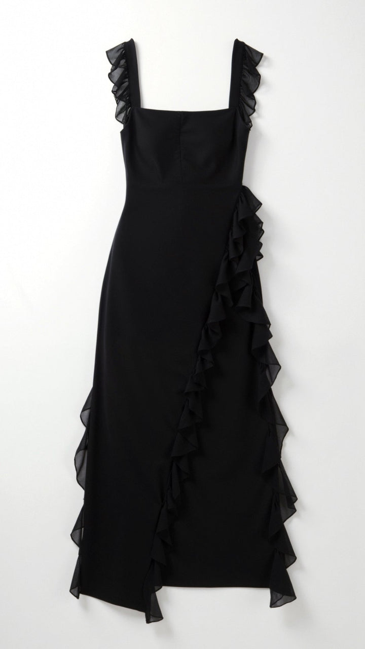 Women's Elegant Maxi Dress with Ruffles for Wedding Guests in Black 2