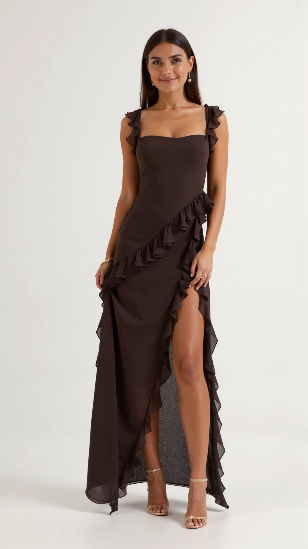 Women's Elegant Maxi Dress with Ruffles for Wedding Guests in Brązowy 1