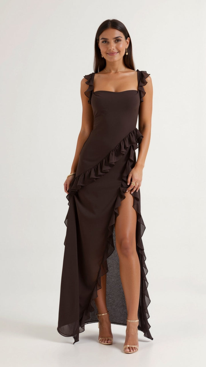 Women's Elegant Maxi Dress with Ruffles for Wedding Guests in Brązowy 1