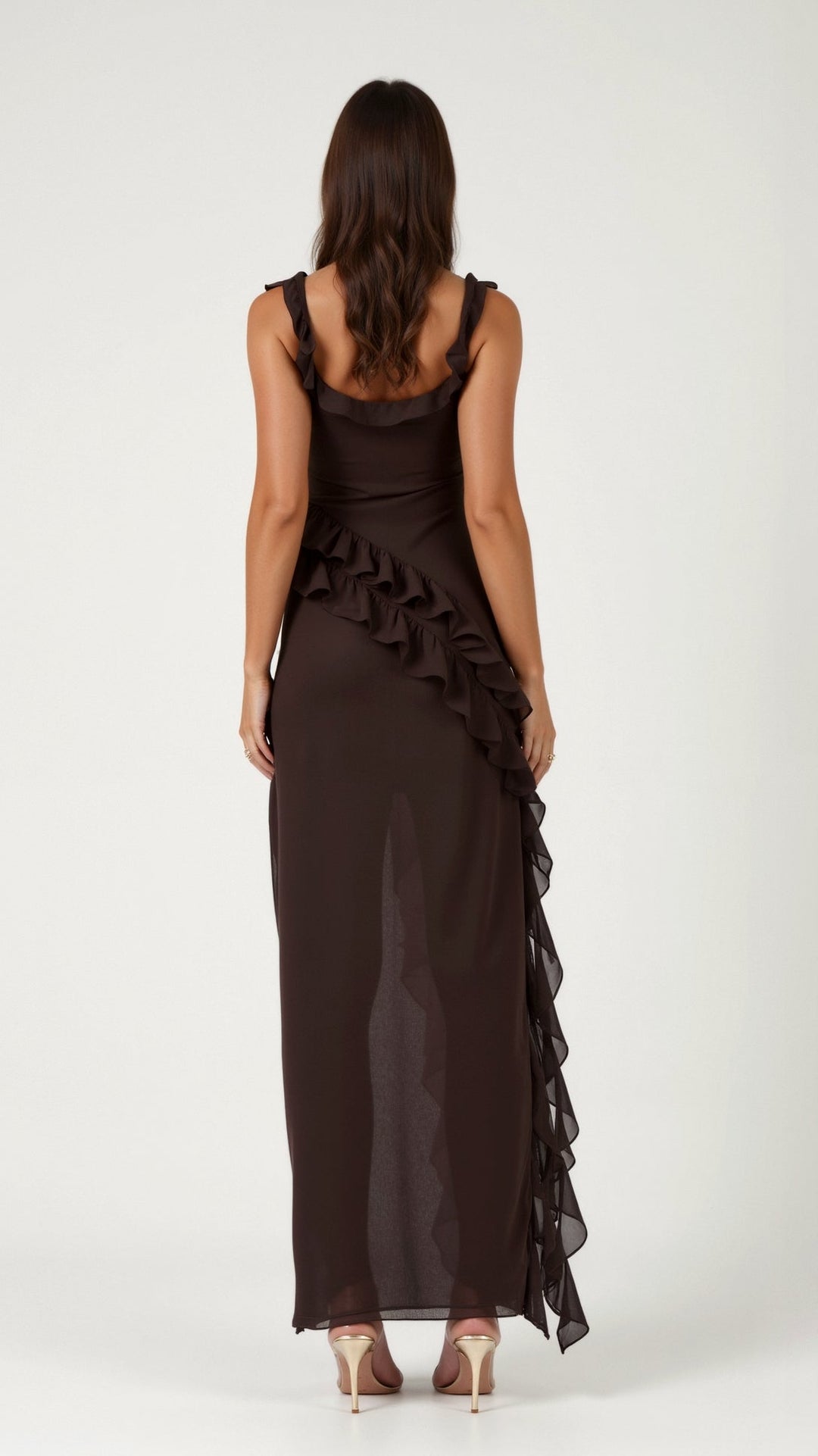 Women's Elegant Maxi Dress with Ruffles for Wedding Guests in Brązowy 2