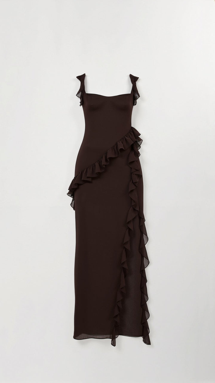 Women's Elegant Maxi Dress with Ruffles for Wedding Guests in Brązowy 3