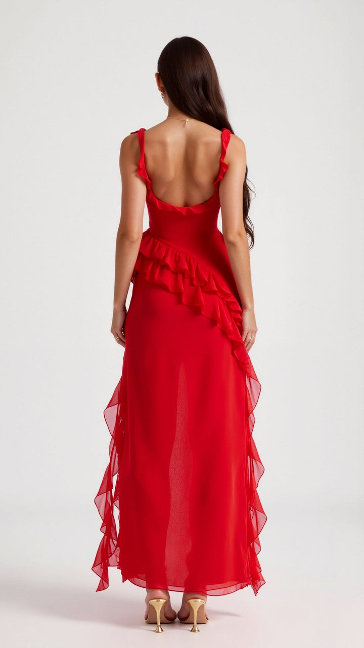 Women's Elegant Maxi Dress with Ruffles for Wedding Guests in Czerwony 2