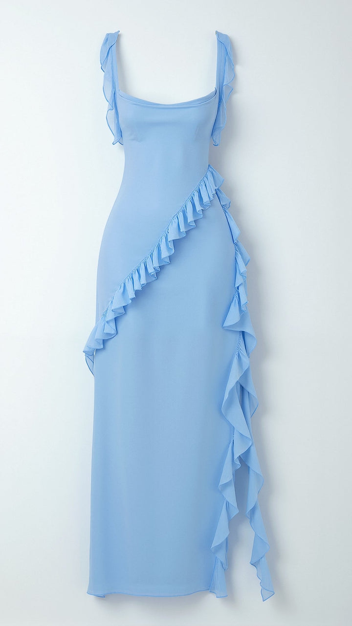 Women's Elegant Maxi Dress with Ruffles for Wedding Guests in Jasnoniebieski 3