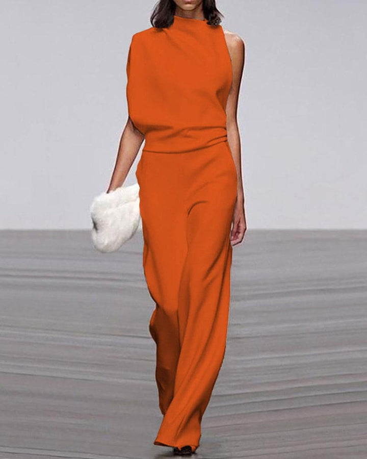 Women's Elegant One-Shoulder Jumpsuit with Wide Legs in Orange