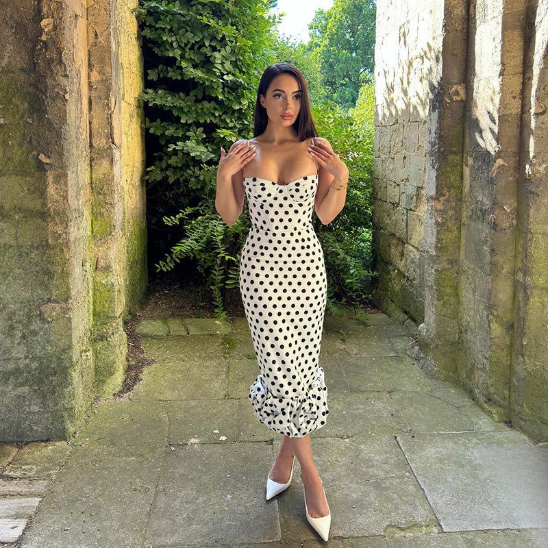 Women's Elegant Polka Dot Midi Dress in White