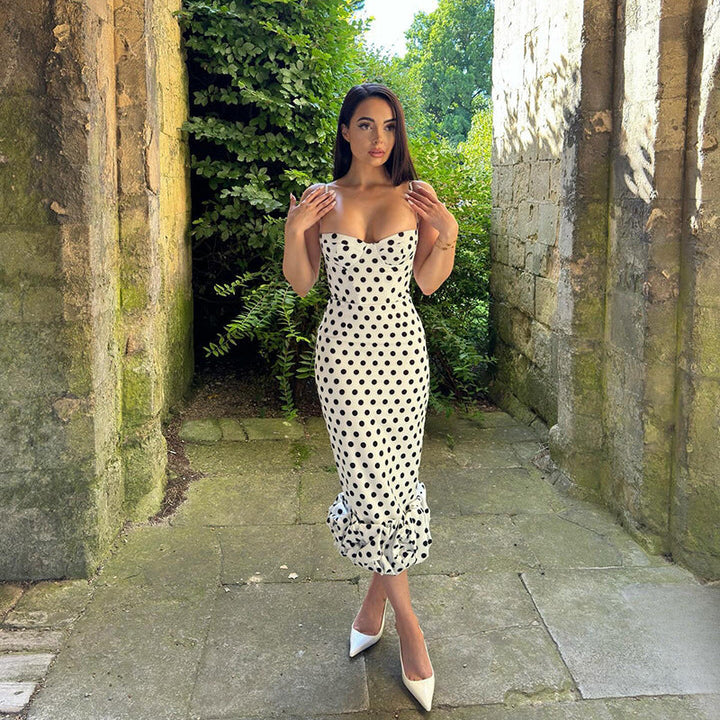 Women's Elegant Polka Dot Midi Dress in White