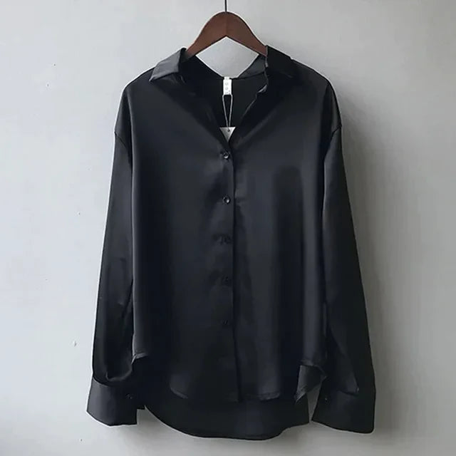 Women's Elegant Satin Button-Down Blouse in Black