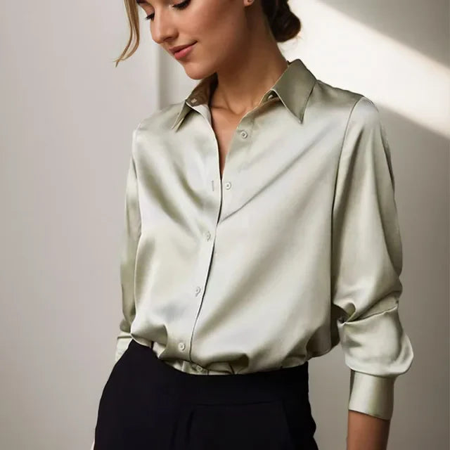 Women's Elegant Satin Button-Down Blouse in Green