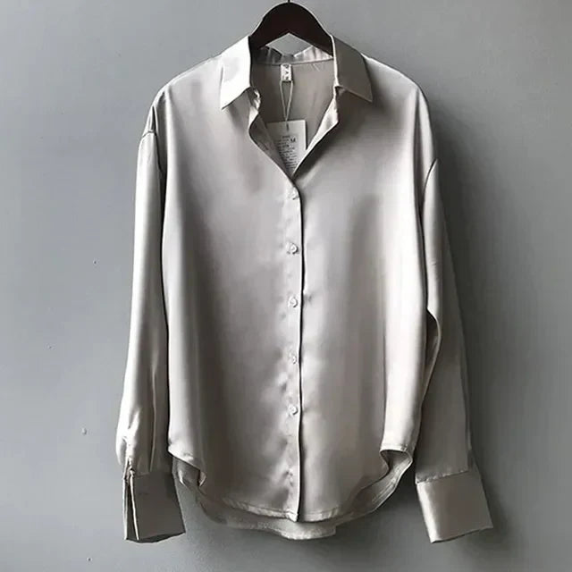 Women's Elegant Satin Button-Down Blouse in Grey