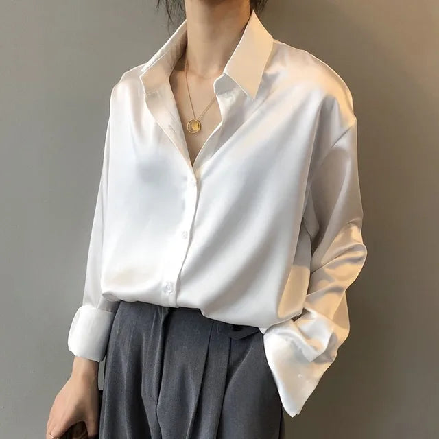 Women's Elegant Satin Button-Down Blouse in White
