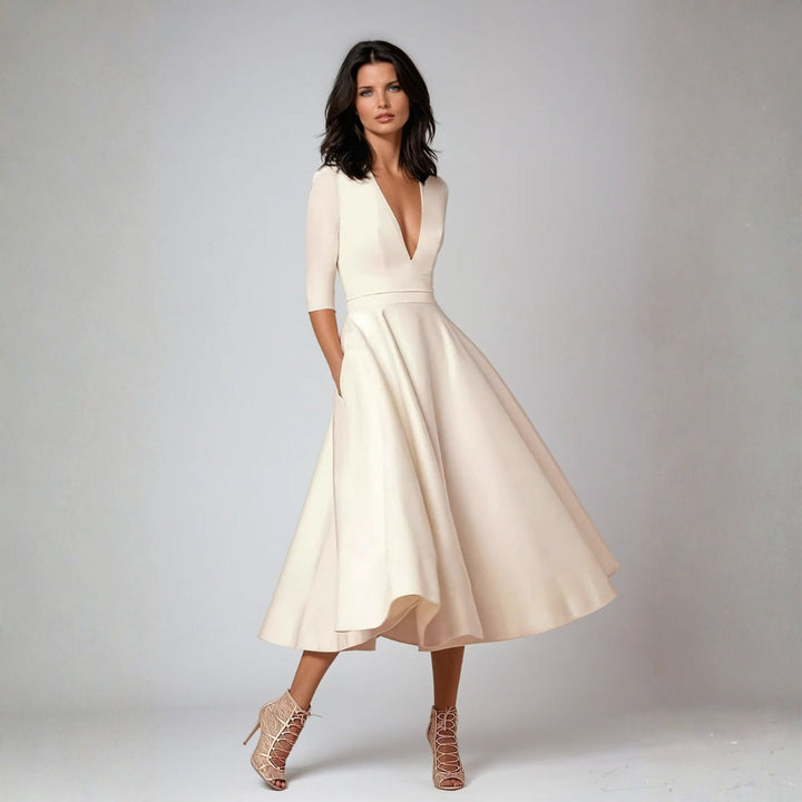 Women's Elegant Satin Midi Dress for Wedding Guests in White 1