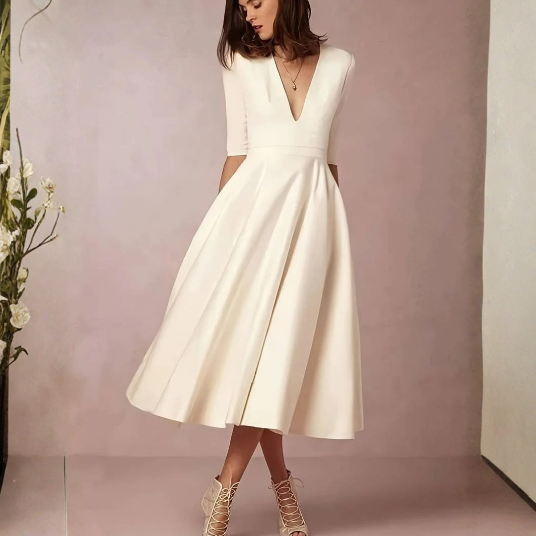 Women's Elegant Satin Midi Dress for Wedding Guests in White 3