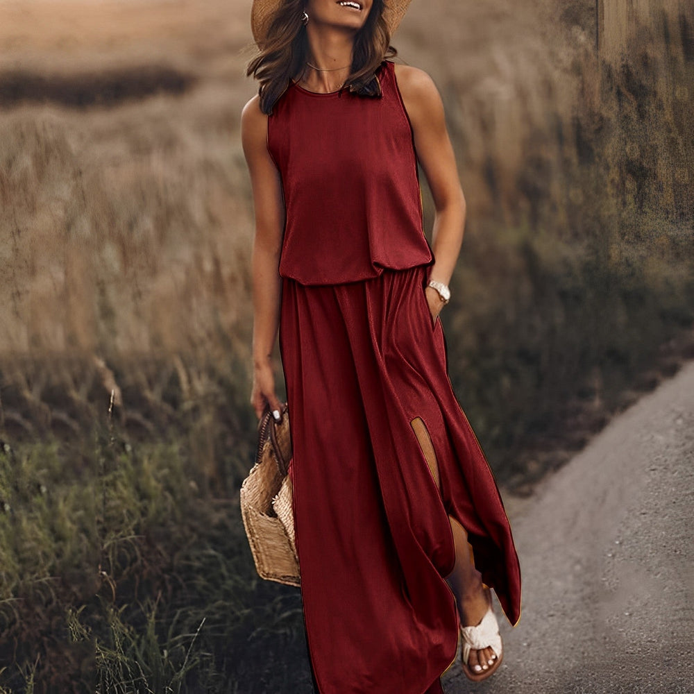 Women's Elegant Spring Maxi Dress in Burgunderrot