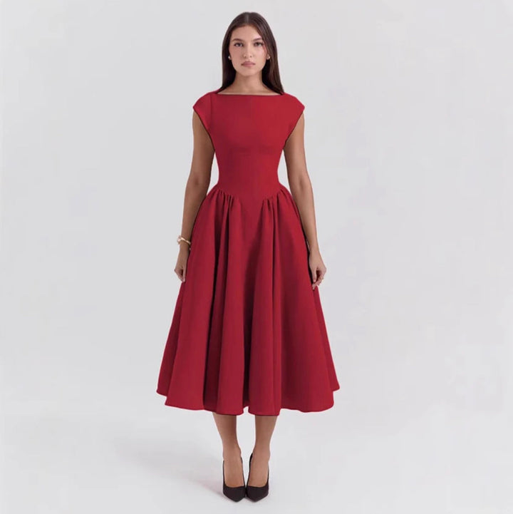 Women's Elegant Tailored Midi Wedding Guest Dress for Formal Occasions in Red