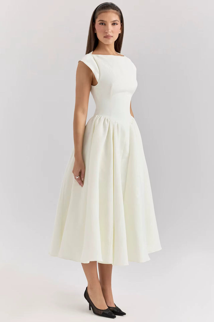 Women's Elegant Tailored Midi Wedding Guest Dress for Formal Occasions in White
