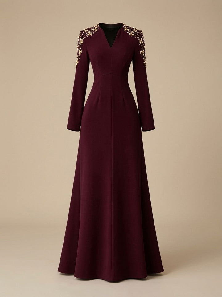 Women's Embellished Maxi Cocktail Dress for Celebrations in Burgundy