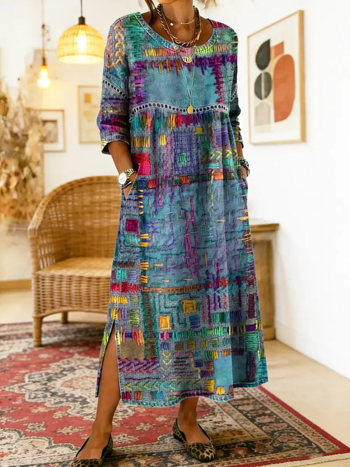 Women's Ethnic Patchwork Spring Dress in Blue