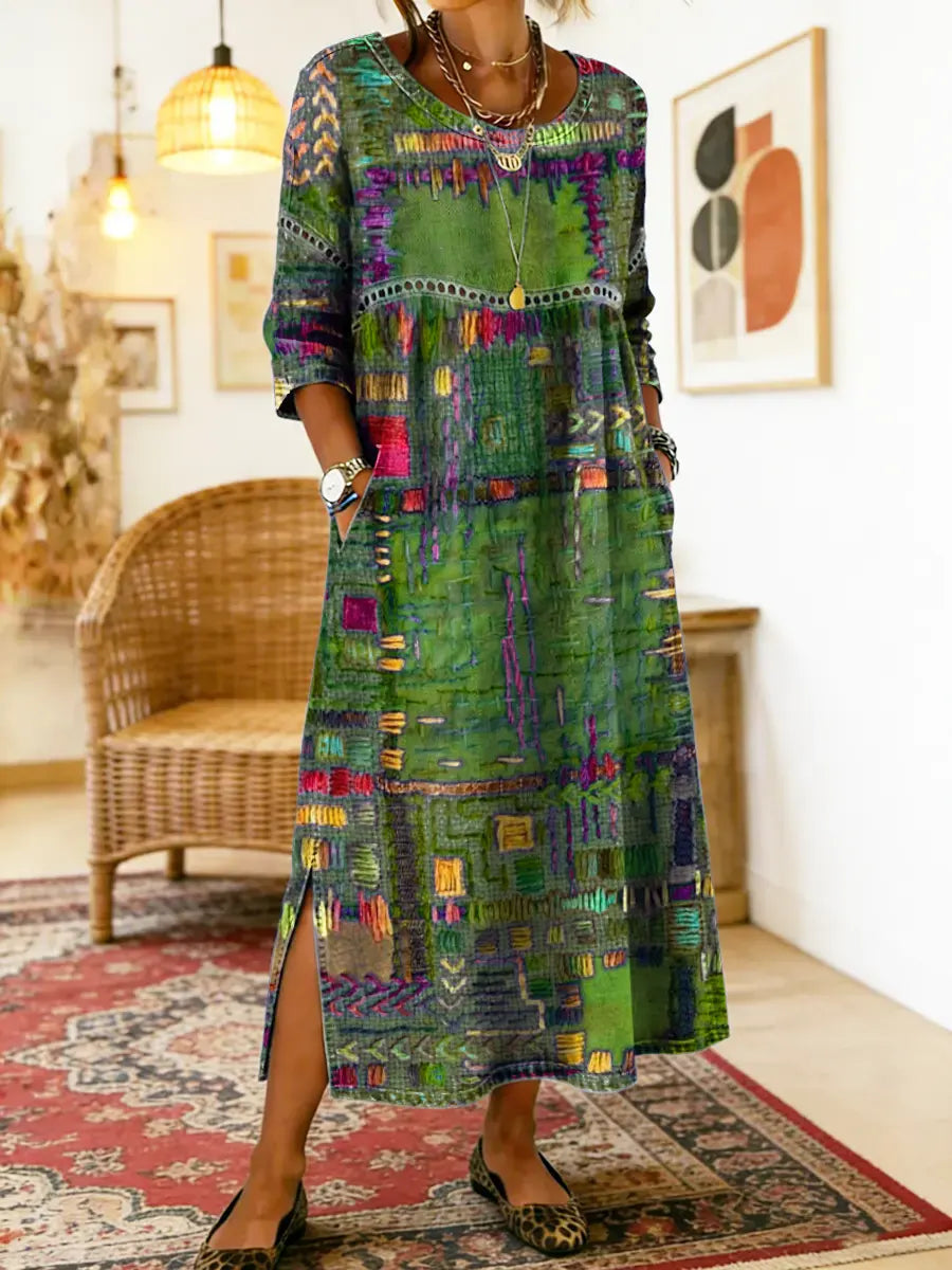 Women's Ethnic Patchwork Spring Dress in Green