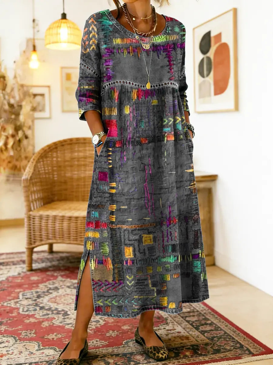Women's Ethnic Patchwork Spring Dress in Grey