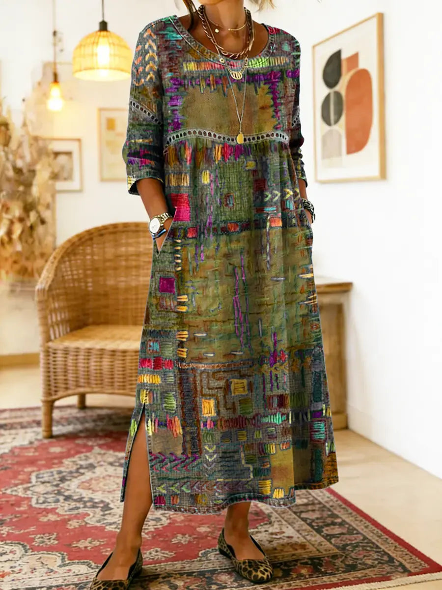 Women's Ethnic Patchwork Spring Dress in Militärgrün