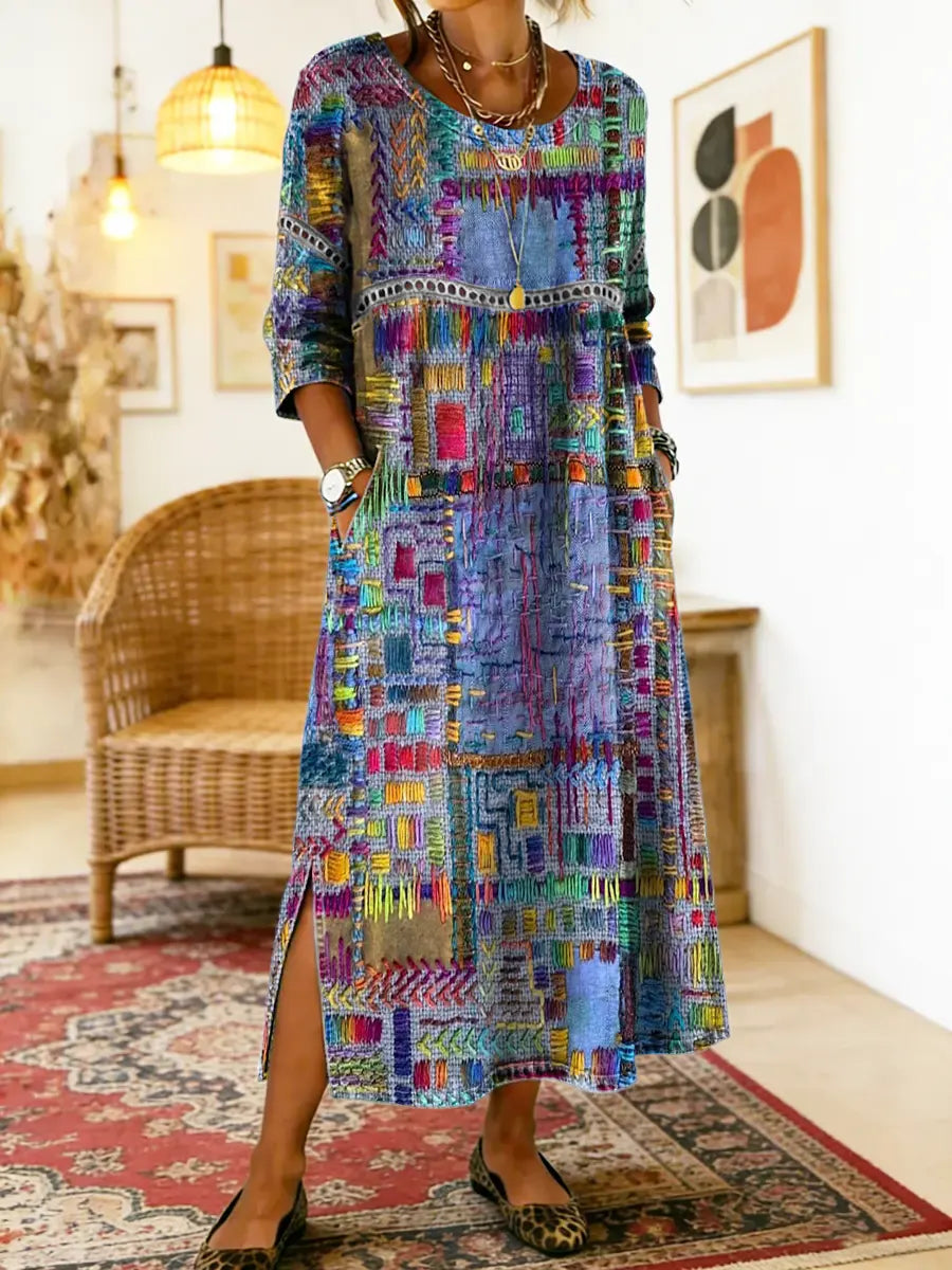 Women's Ethnic Patchwork Spring Dress in Multicolour