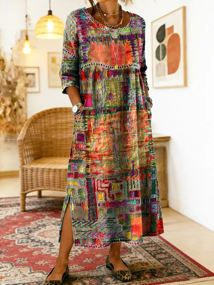 Women's Ethnic Patchwork Spring Dress in Orange