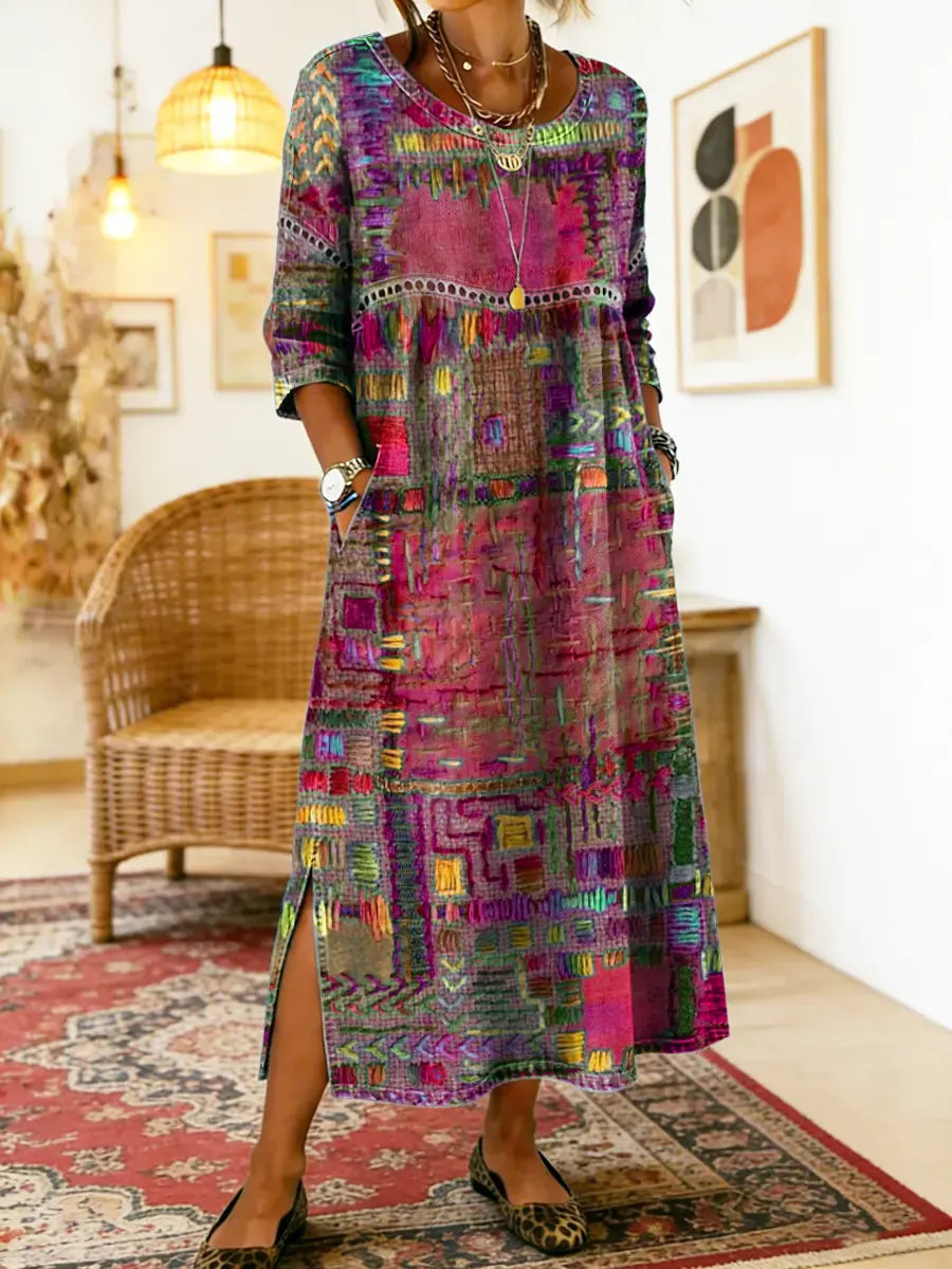 Women's Ethnic Patchwork Spring Dress in Pink