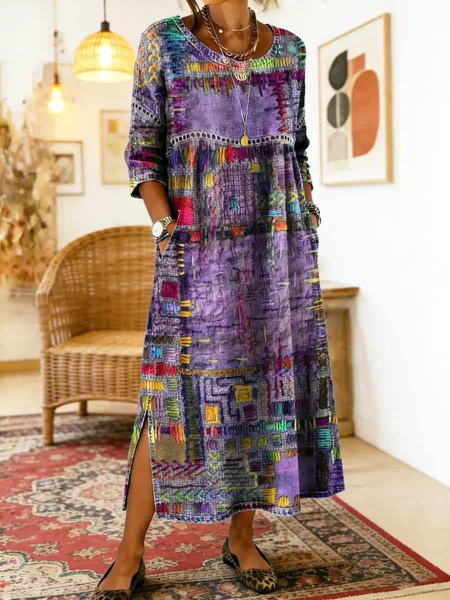 Women's Ethnic Patchwork Spring Dress in Purple