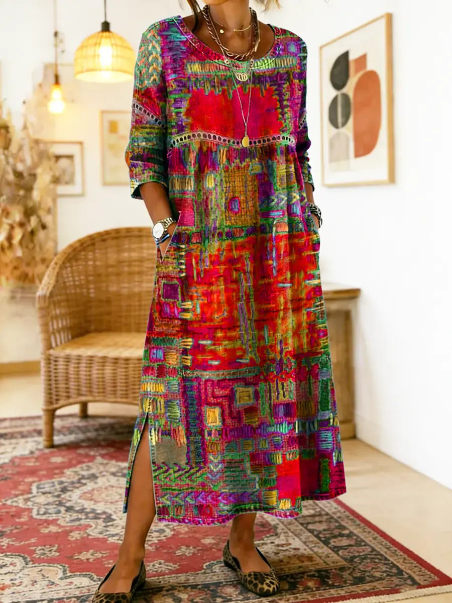 Women's Ethnic Patchwork Spring Dress in Red