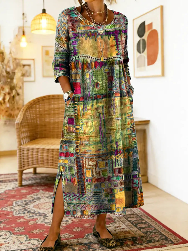 Women's Ethnic Patchwork Spring Dress in Yellow