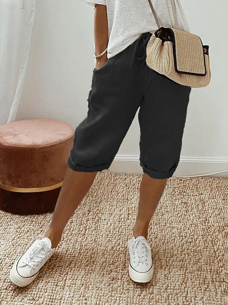 Women's Everyday Linen Shorts Like Pants in Black