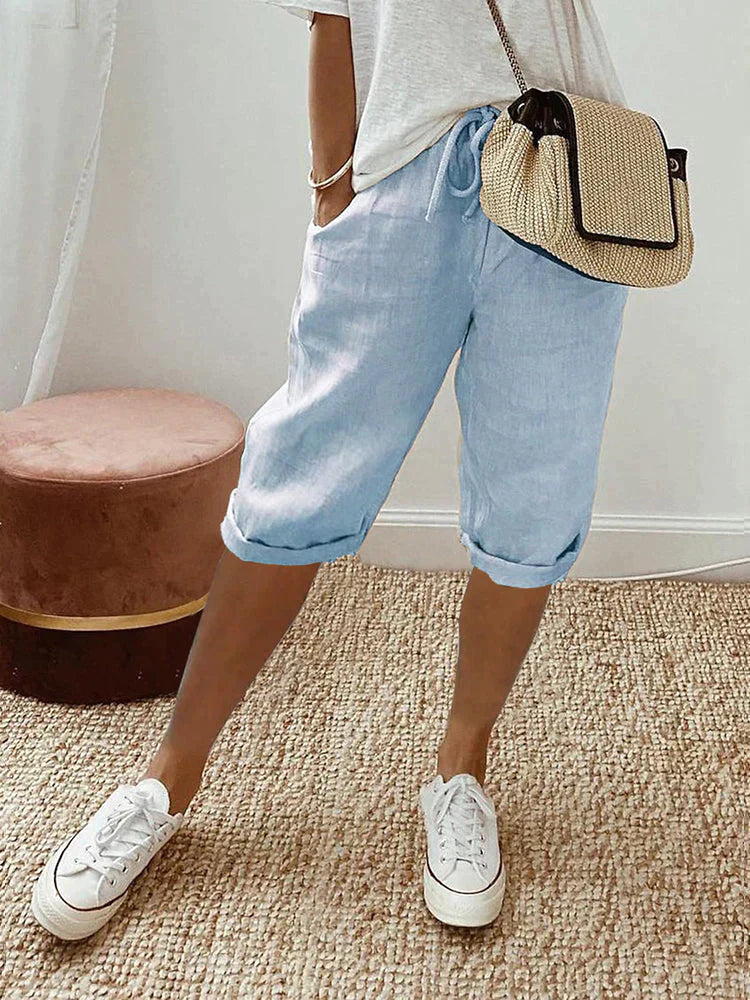 Women's Everyday Linen Shorts Like Pants in Blue