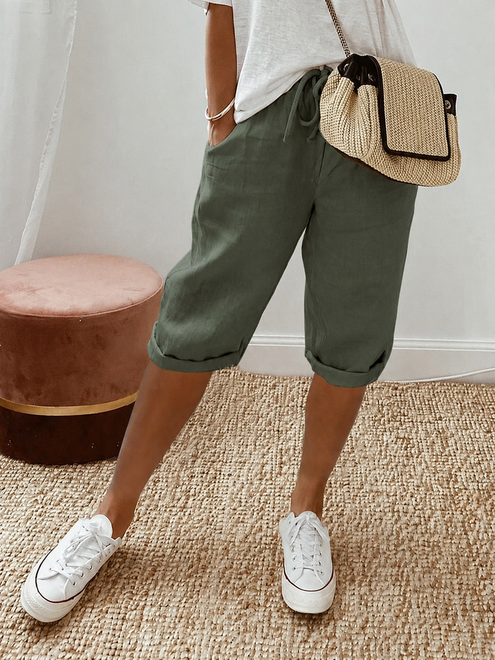 Women's Everyday Linen Shorts Like Pants in Green