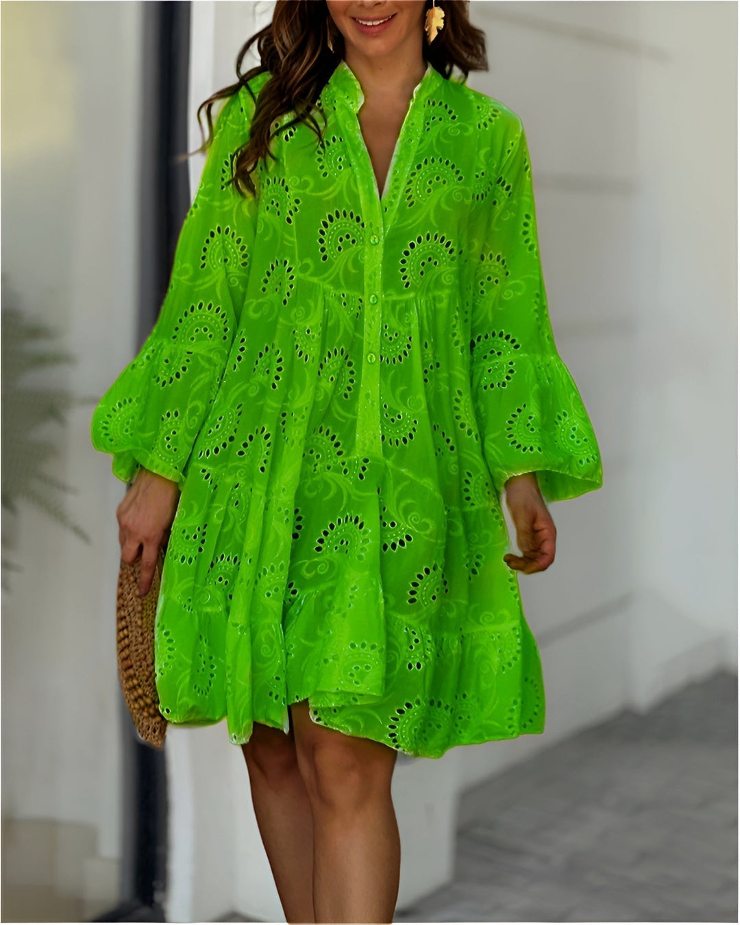 Women's Eyelet A-Line Mini Summer Dress in Green