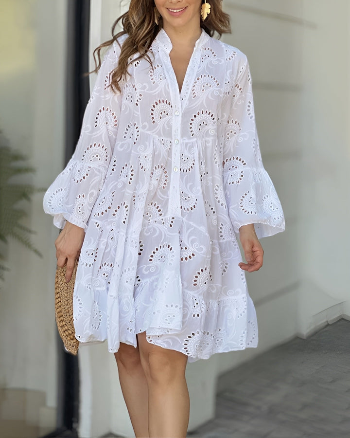 Women's Eyelet A-Line Mini Summer Dress in White