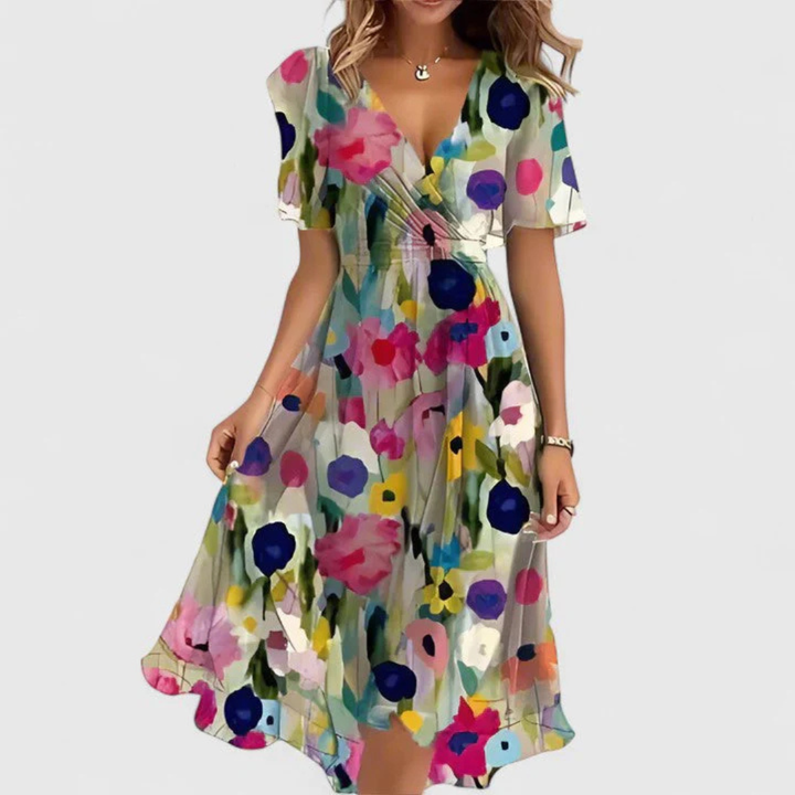 Women's Floral Chiffon Midi Summer Dress in Beige Floral