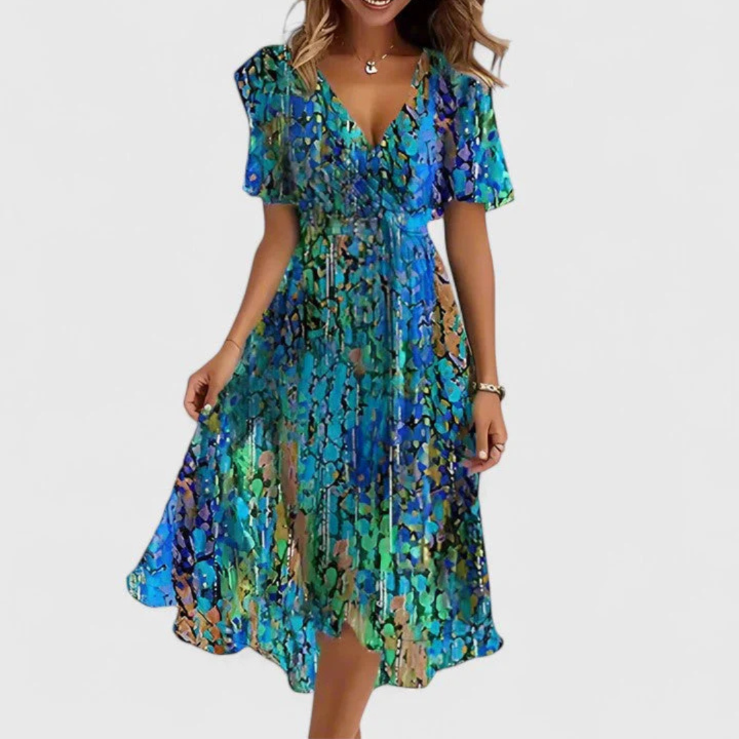 Women's Floral Chiffon Midi Summer Dress in Blue