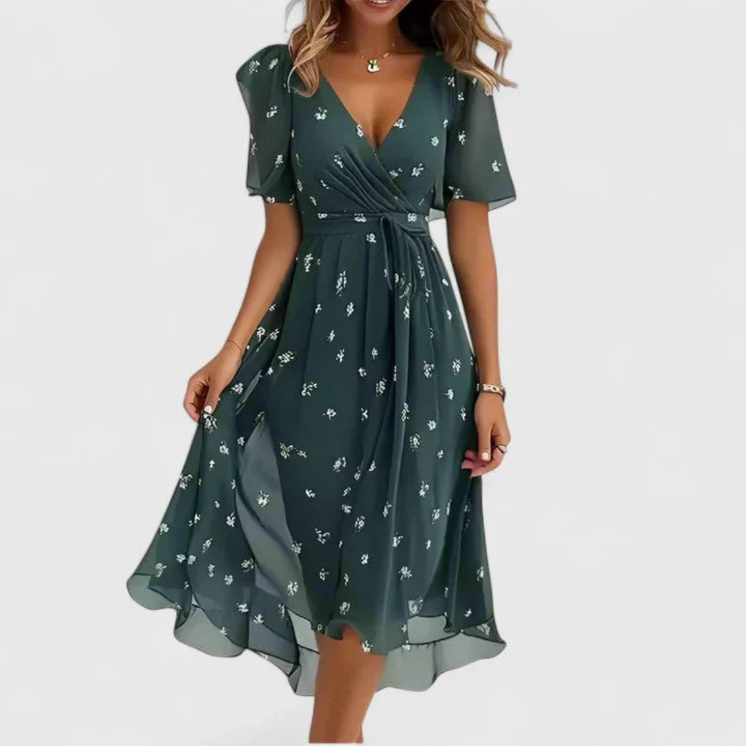 Women's Floral Chiffon Midi Summer Dress in Green