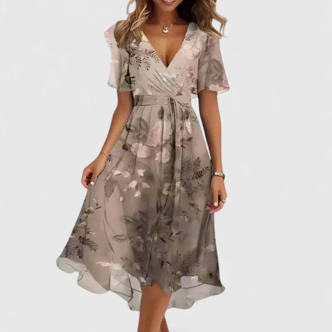 Women's Floral Chiffon Midi Summer Dress in Light Brown