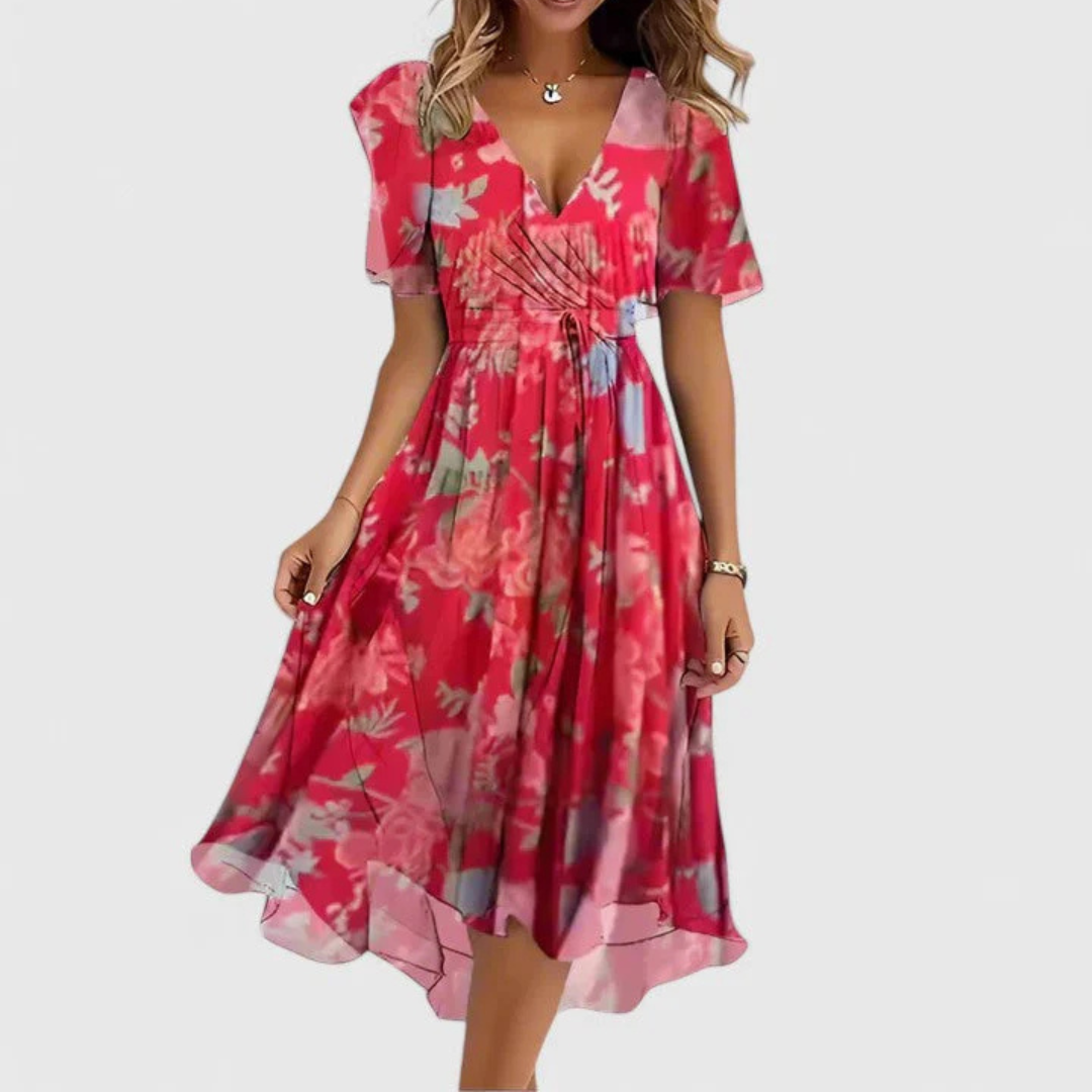 Women's Floral Chiffon Midi Summer Dress in Red