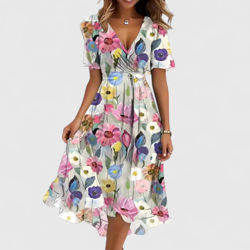 Women's Floral Chiffon Midi Summer Dress in Weiß Floral