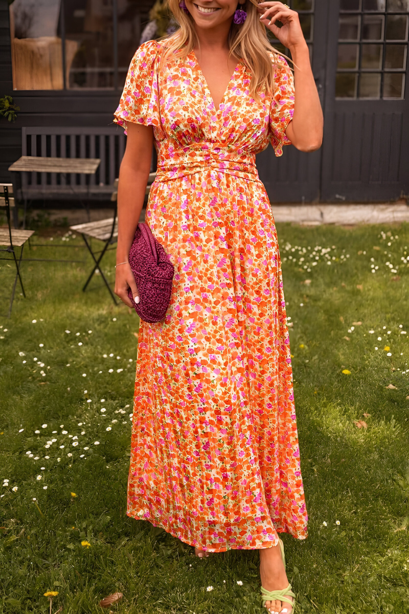 Women's Floral Maxi Summer Dress for Garden Parties in Orange (Fast ausverkauft) 1