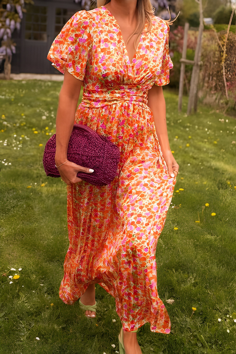 Women's Floral Maxi Summer Dress for Garden Parties in Orange (Fast ausverkauft) 2