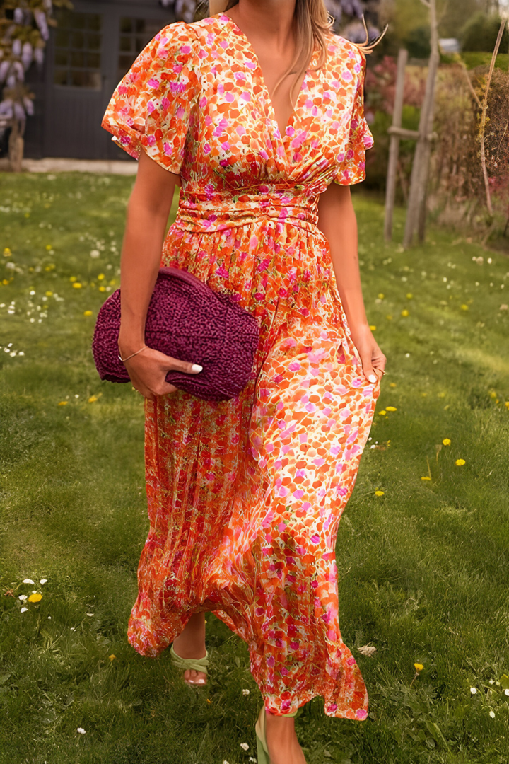 Women's Floral Maxi Summer Dress for Garden Parties in Orange (Fast ausverkauft) 2