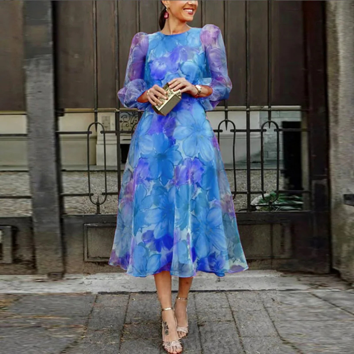 Women's Floral Midi Dress for Wedding Guests in Blue