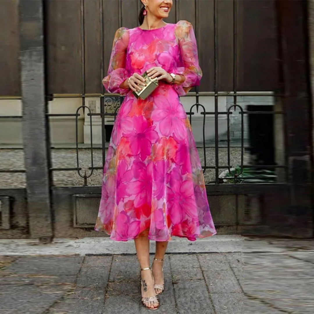 Women's Floral Midi Dress for Wedding Guests in Pink
