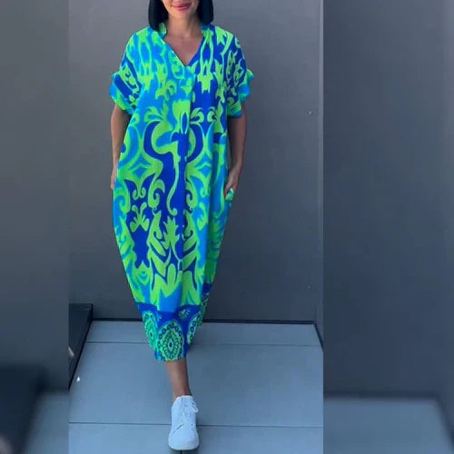 Women's Floral Spring Dress with Wrap Waist in Azurblau