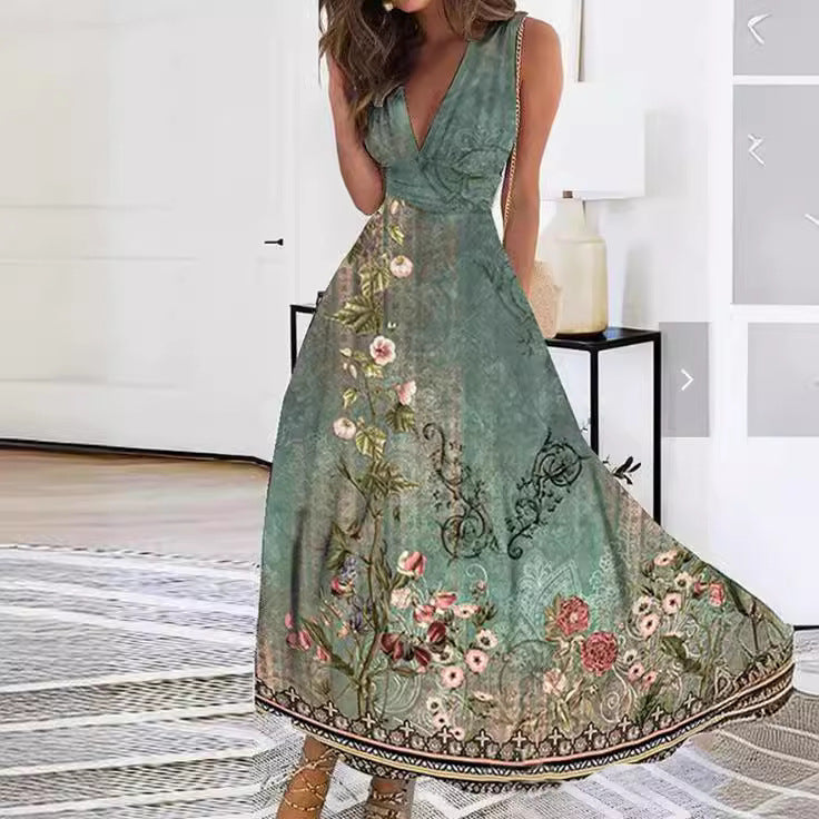 Women's Floral V-Neck Maxi Cocktail Dress in Peacock Blue
