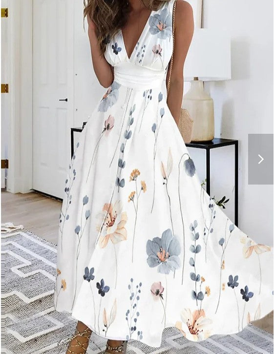 Women's Floral V-Neck Maxi Cocktail Dress in Yellow Flower